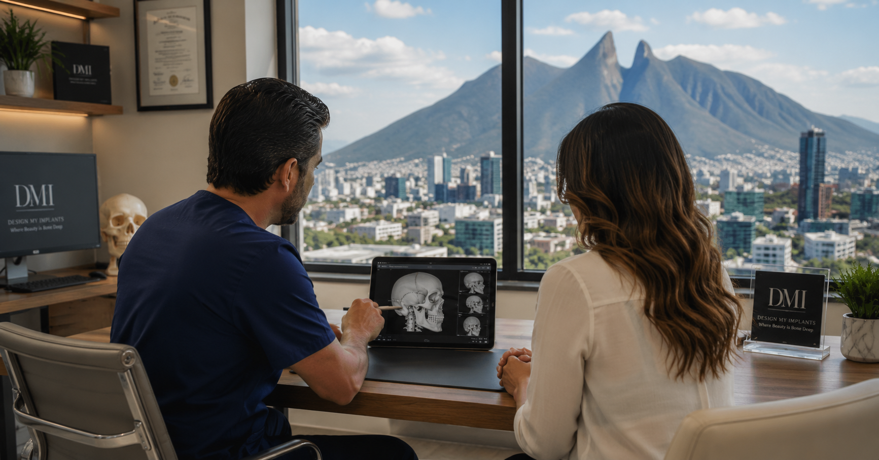 Doctor and patient reviewing a 3D CT skull scan during a facial implant consultation, with the Monterrey, Mexico skyline and mountains visible through the window