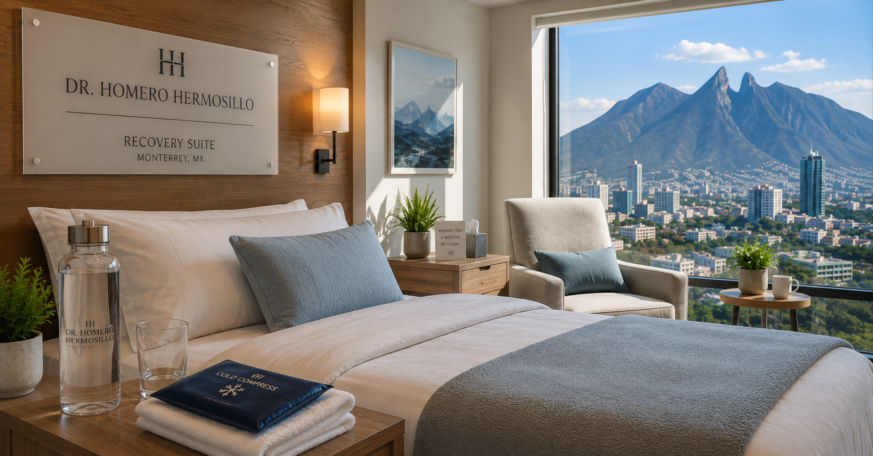 A comfortable recovery suite room with a view of the Monterrey, Mexico mountains, prepared for a facial feminization surgery patient's stay